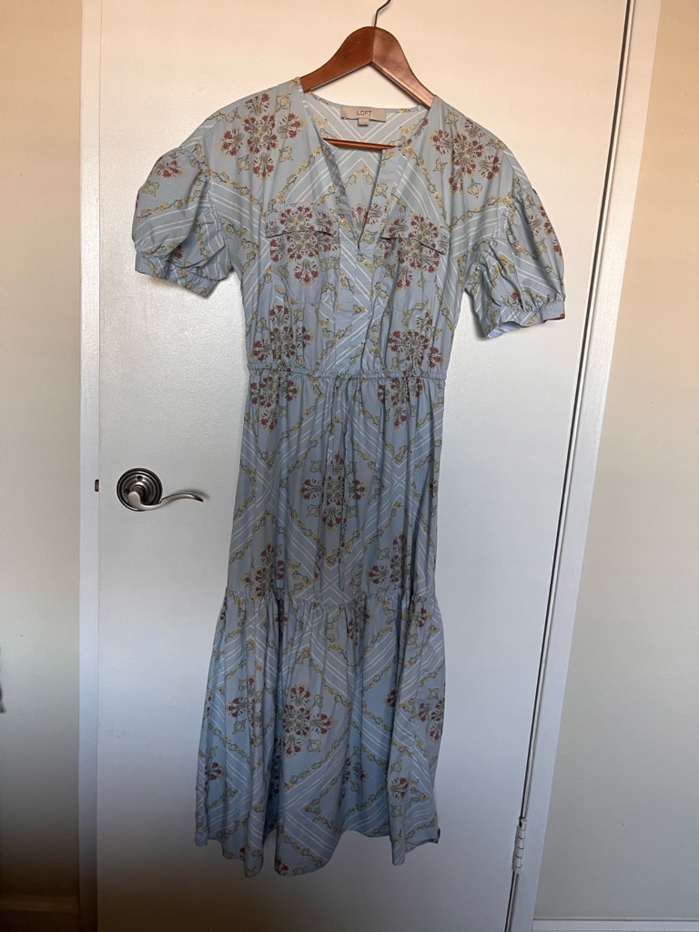 LOFT Pale Blue Floral Wrap-Style Midi Dress